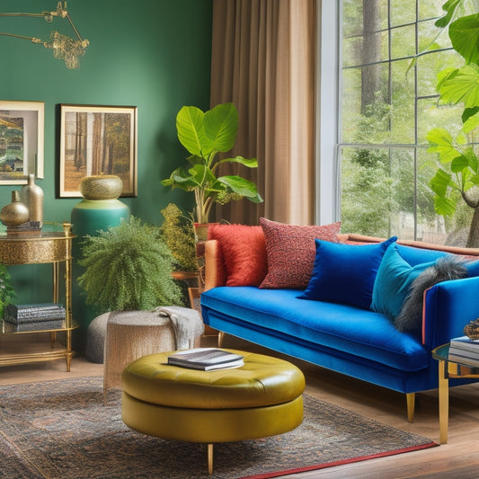 A vibrant, eclectic living room with a mix of abstract paintings, vintage prints, and modern sculptures, surrounded by lush greenery and warm, golden lighting.