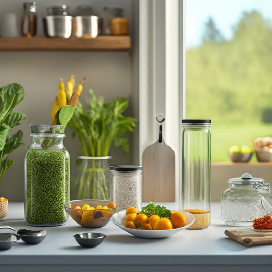 A minimalist kitchen counter with 3-5 Zyliss Glass Containers of varying sizes, filled with fresh produce, grains, and spices, surrounded by a few kitchen utensils and a hint of greenery.