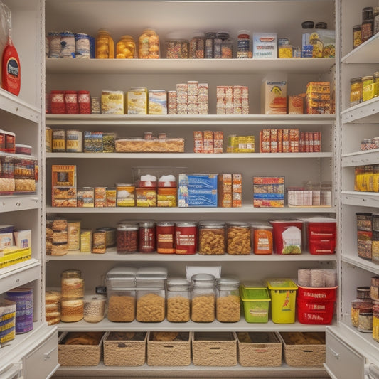 A well-organized pantry with rows of neatly stacked, transparent storage bins containing various non-perishable food items, first aid supplies, and a first responder kit on a shelf.