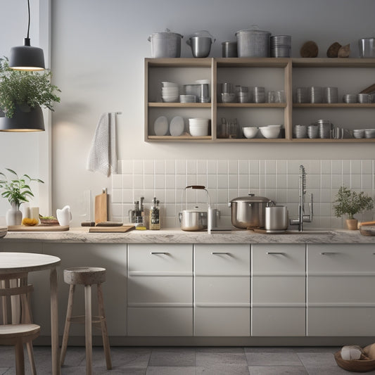 A serene, well-lit kitchen with a minimalist aesthetic, featuring a few, carefully selected utensils and appliances on open shelving, and a small, neatly organized trash can with a subtle recycling symbol.