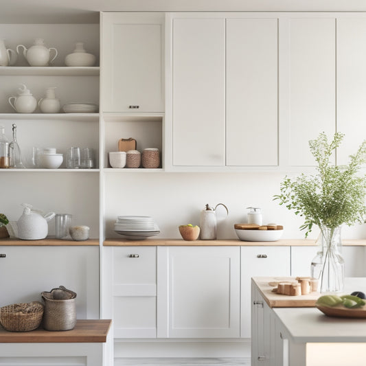 A serene, minimalist kitchen with creamy white cabinets, warm wood accents, and a few, carefully placed cookbooks on open shelving, surrounded by ample negative space and soft, natural light.