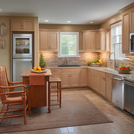 A warm, well-lit kitchen with wheelchair-accessible counters, sink, and stove, featuring grab bars, non-slip flooring, and a walk-in pantry with easy-to-reach shelves and storage.