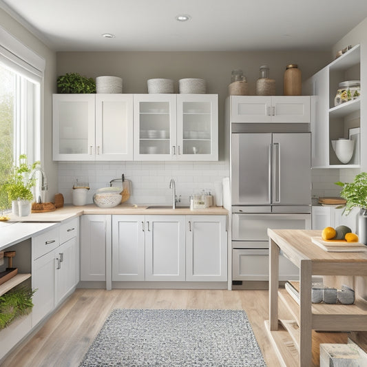 A bright, modern kitchen with sleek, handle-less cabinets in a light gray finish, featuring pull-out shelves, lazy susans, and a built-in spice rack, surrounded by warm, natural wood flooring.