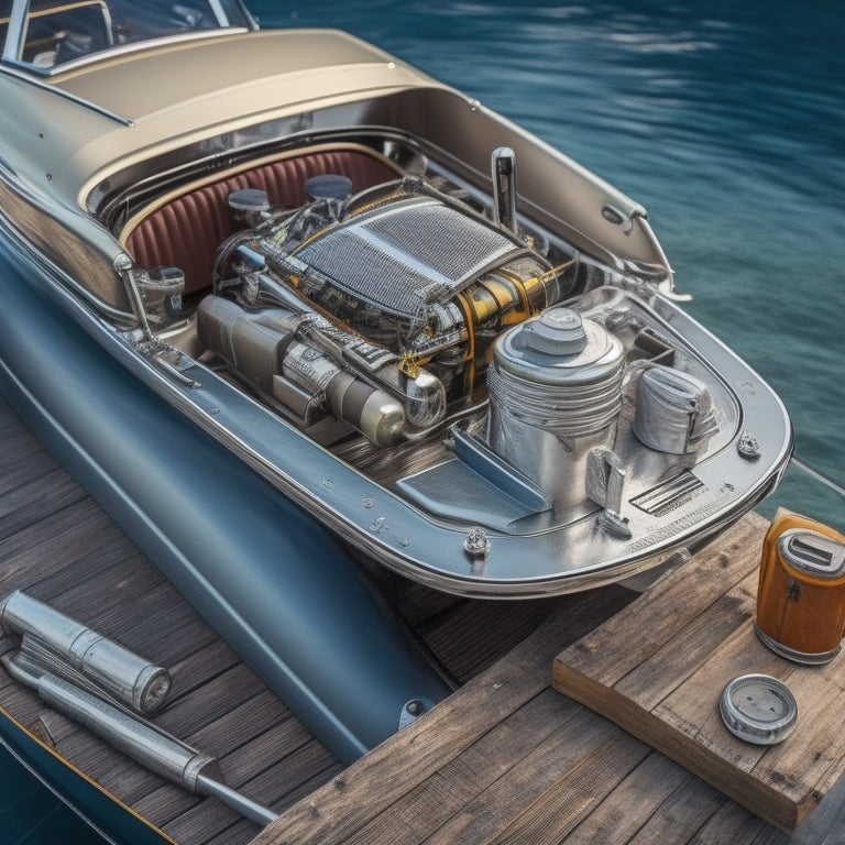 An illustration of a sleek, silver speedboat with its hood open, revealing a tidy engine compartment, surrounded by tools and a spiral-bound manual lying open on a nearby dock.