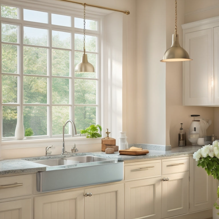 A kitchen with a traditional L-shaped counter, a stainless steel sink, and a window with white curtains, but with a awkward, empty corner space, lit by a single pendant light.