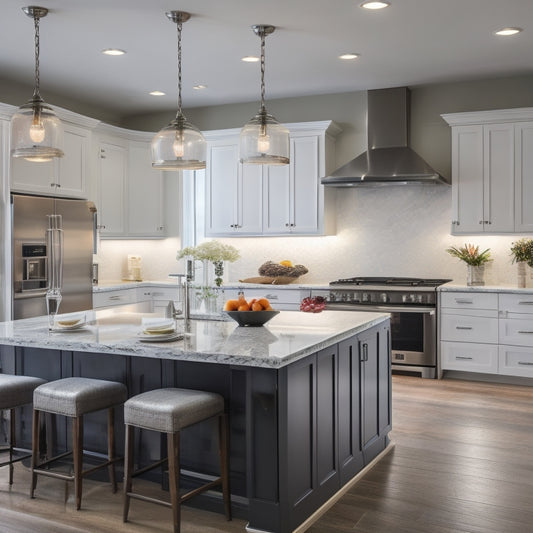 A bright, modern kitchen with white cabinets, dark countertops, and stainless steel appliances, featuring a large island with a built-in cooktop and pendant lights hanging from the ceiling.