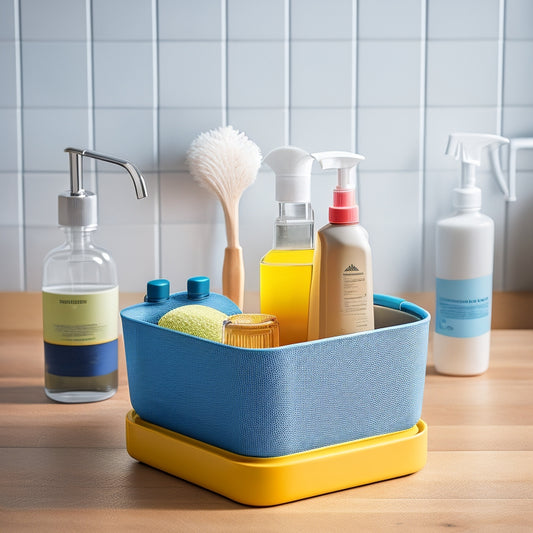A modern kitchen sink caddy adorned with vibrant sponges, sleek dish soap bottles, and neatly arranged utensils, set against a bright countertop, showcasing organized storage and functionality in a stylish, minimalist design.