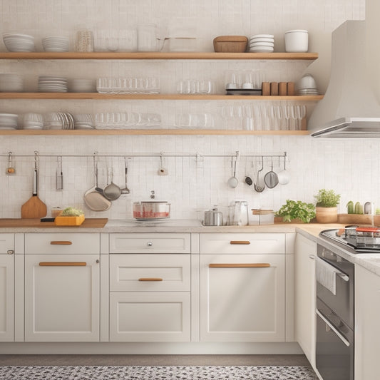 A tidy, L-shaped kitchen with creamy white cabinets, warm wood accents, and sleek stainless steel appliances, featuring a pegboard with hanging utensils and a built-in spice rack.