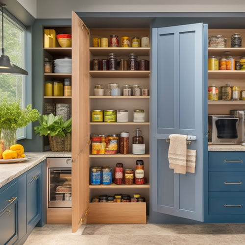 A cozy kitchen showcasing a sleek, modern sliding pantry drawer filled with colorful, neatly organized spices and canned goods, surrounded by warm wood cabinetry and soft lighting, evoking a sense of practicality and style.