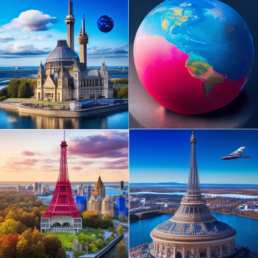 A vibrant collage of iconic Canadian landmarks, such as the CN Tower and Parliament Hill, surrounded by diverse educational symbols, like globes, microscopes, and paintbrushes, in a stylized, abstract background.