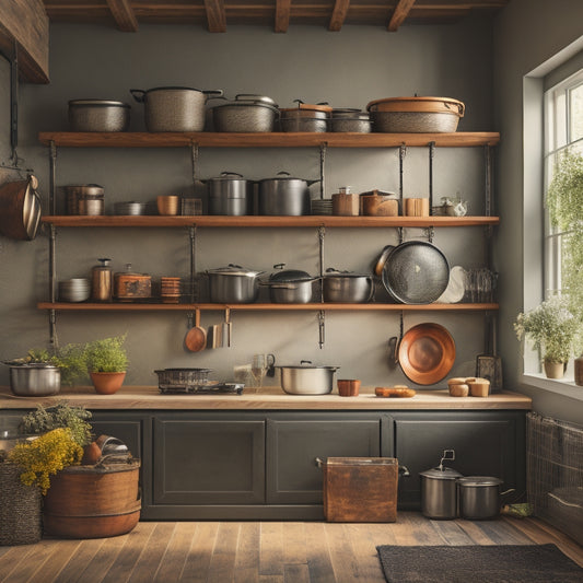 A sturdy industrial-style kitchen rack made of dark metal, filled with heavy cast iron pots and pans, organized neatly with rustic wooden shelves, surrounded by a bright, airy kitchen setting with natural light streaming in.