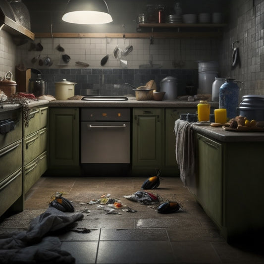 A dimly lit, cluttered kitchen with cracked tiles, overflowing trash cans, and sticky countertops, featuring a scattering of dark, oval-shaped cockroaches scurrying across the floor and countertops.