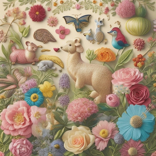 A whimsical, dreamy illustration featuring a bouquet of colorful, intricately embroidered flowers, surrounded by playful animals, and adorned with ornate, cursive alphabet letters, set against a soft, creamy background.