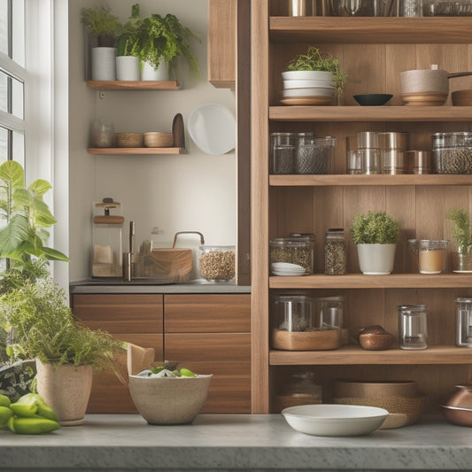 A sleek kitchen cabinet interior showcasing various adjustable shelf inserts in rich wood tones, filled with organized dishes, jars, and plants, highlighting versatility and functionality in a harmonious, clutter-free environment.
