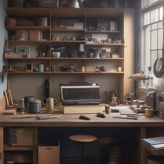 A cluttered workshop with half-assembled cabinetry, scattered tools, and design plans pinned to a corkboard, with a laptop and coffee cup in the foreground, surrounded by inspirational design books.