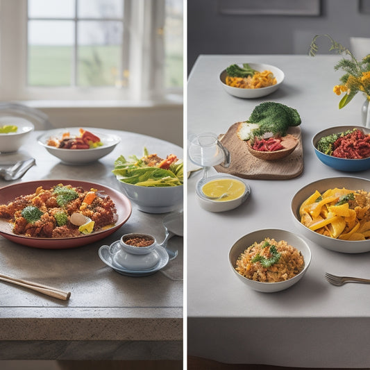 A split-screen image featuring a before-and-after scenario: a cluttered, overflowing plate on the left, and a balanced, portion-controlled meal on a smaller plate on the right, with a subtle kitchen background.