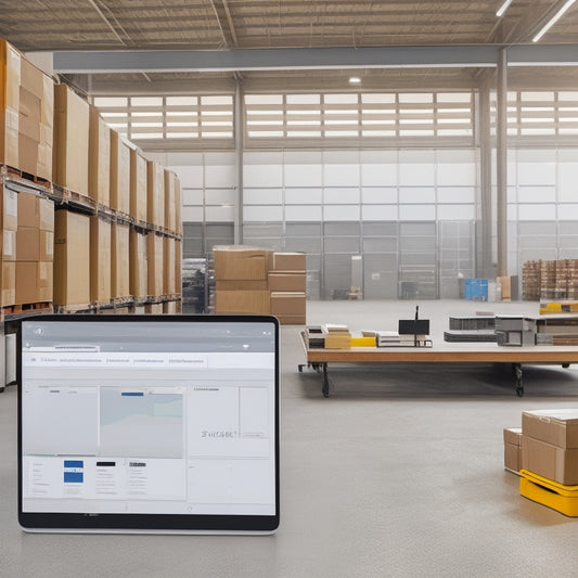 A minimalist illustration featuring a tidy warehouse in the background, with a laptop and a tablet in the foreground, both displaying a Google Sheets template with inventory data and charts.