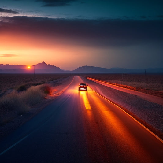 A deserted highway at dusk, a broken-down car with a popped hood, surrounded by warning triangles, flashlights, and a first-aid kit, with a faint glow of a distant town on the horizon.