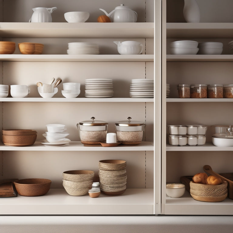 An organized kitchen cabinet with stacked white ceramic plates, a utensil divider, and a tiered spice rack, surrounded by warm lighting and a subtle wooden background.