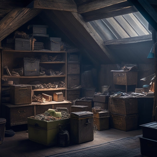 A dimly lit, cluttered attic with forgotten trunks, dusty boxes, and cobwebs, with a small, hidden door in the background, slightly ajar, revealing a sliver of bright, organized space.