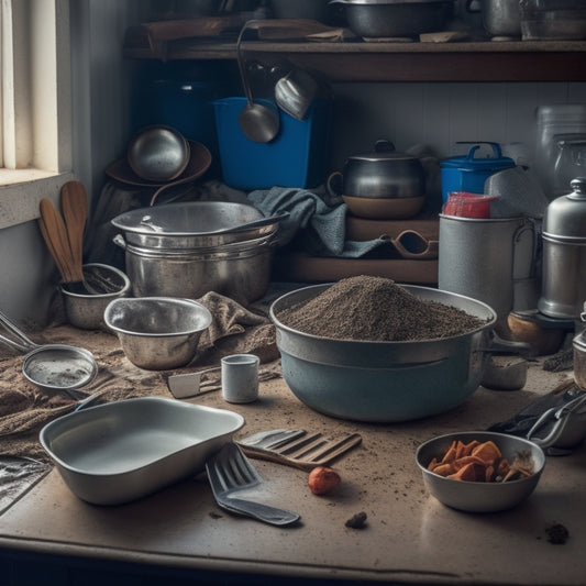 A chaotic kitchen drawer overflowing with tangled utensils, crumpled papers, and broken appliances, with a few pots and pans stacked haphazardly on top, surrounded by dust and crumbs.