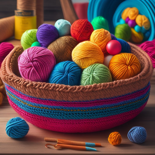 A vibrant, colorful illustration of a crochet basket overflowing with an assortment of yarn balls, hooks, and finished projects, set against a soft, natural wood background.