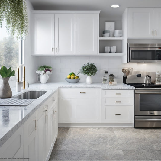 A modern kitchen with sleek, white cabinets and gleaming quartz countertops, featuring a digital tablet on the counter displaying a 3D kitchen design, with shelves in various styles and arrangements.
