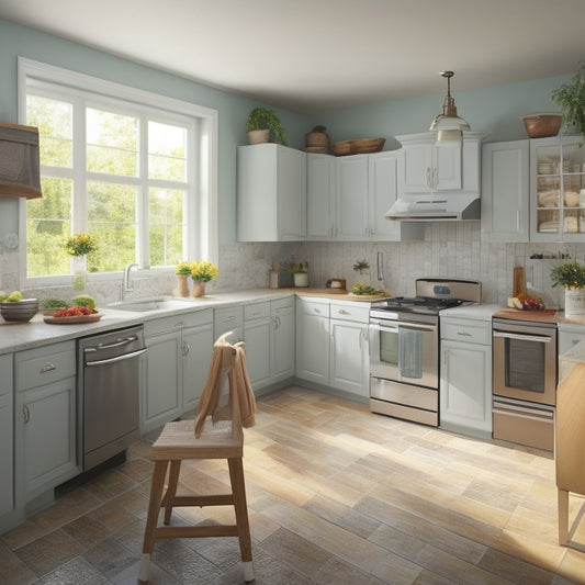 An illustration of a senior-friendly kitchen with non-slip flooring, grab bars near the sink and stove, and lowered countertops with easy-to-use appliances and utensils, lit by warm and soft natural light.