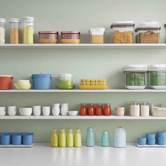 A colorful, minimalist illustration of a modern kitchen with various food storage containers, jars, and baskets arranged on shelves, countertops, and in cabinets, against a clean white background.