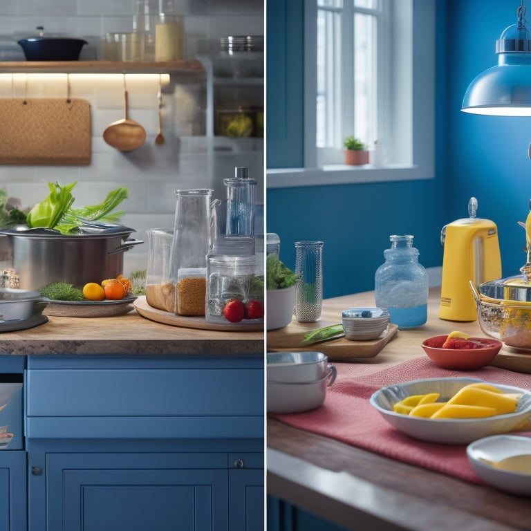 A split-screen image featuring a cluttered kitchen counter with oversized plates and utensils on one side, and a tidy counter with portion-controlled containers, measuring cups, and a small scale on the other.