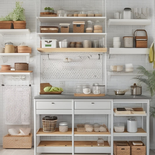 A tidy, compact kitchen with a pegboard on the wall, baskets on shelves, and a cart with drawers, showcasing an optimize use of vertical space and clever storage solutions.