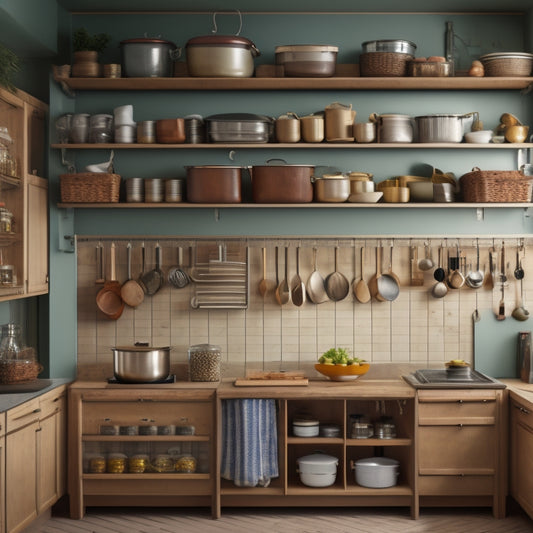 An image of a small kitchen with cabinets transformed into storage havens, featuring pull-out spice racks, tiered shelving, and a pegboard with hanging utensils and cookware.