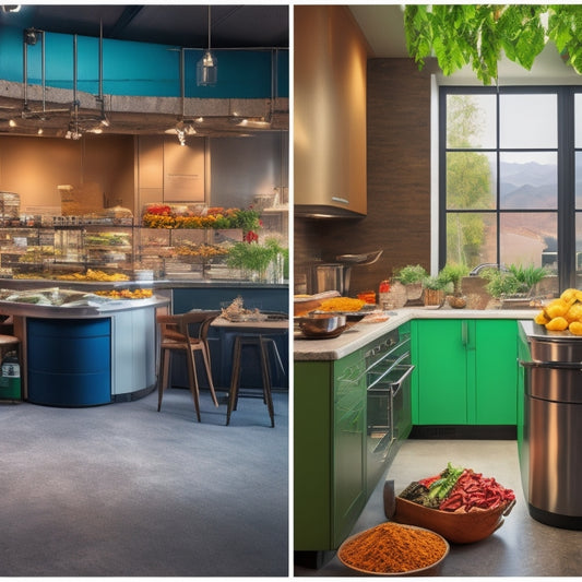 A split-screen image: a bustling restaurant kitchen on the left, with a mountain of discarded food scraps in the background, and a sleek, modern kitchen on the right, with a minimal waste bin.