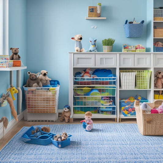 A clutter-free playroom with stacked plastic bins, labeled shelves, and a pegboard with hanging baskets, surrounded by happy, playing children and a few strategically placed stuffed animals.