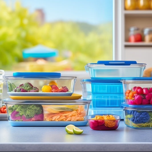 A clean and organized kitchen counter with 5-7 identical, transparent, and neatly stacked meal prep containers filled with a variety of colorful, healthy foods, surrounded by utensils and a faint cityscape in the background.