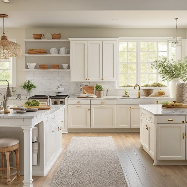 A clutter-free kitchen with creamy white cabinets, soft-close drawers, and a compact island with built-in utensil organizers, surrounded by a warm beige and gray color scheme, with plenty of natural light.