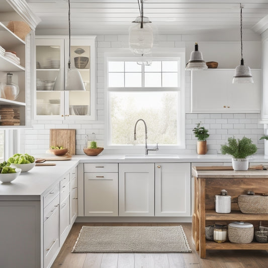 A modern kitchen with sleek, white cabinets, featuring a mix of open shelves in varying materials (reclaimed wood, glass, metal) and sizes, with decorative accents like woven baskets and pendant lights.