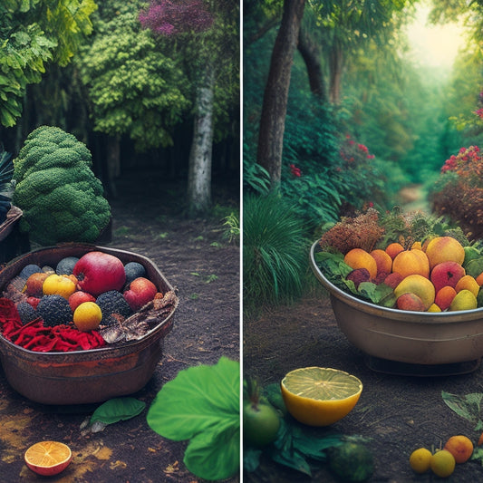 A split-screen image: a overflowing trash can with rotting fruits and vegetables on one side, and a lush, thriving forest with a few fruit trees and a small, happy earth in the center on the other.