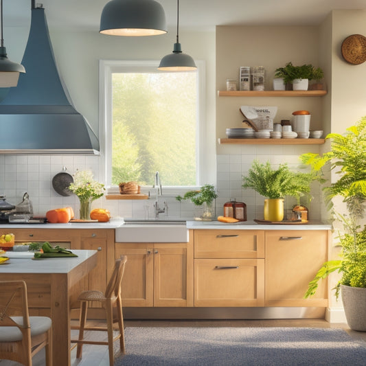 A bright, modern kitchen with a single cook, surrounded by organized utensils and ingredients, a tidy island, and a minimalist backdrop, illuminated by natural light and warm overhead lighting.