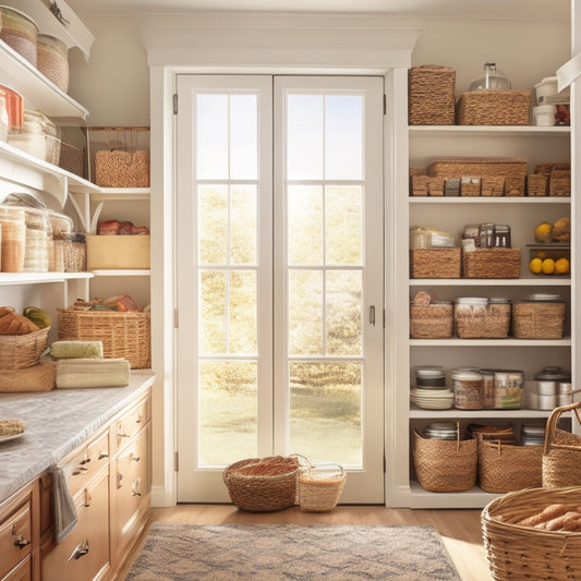 A bright, airy pantry with labeled baskets, stacked canned goods, and a tidy shelf of cookbooks, illuminated by a warm, natural light pouring in from a nearby window.