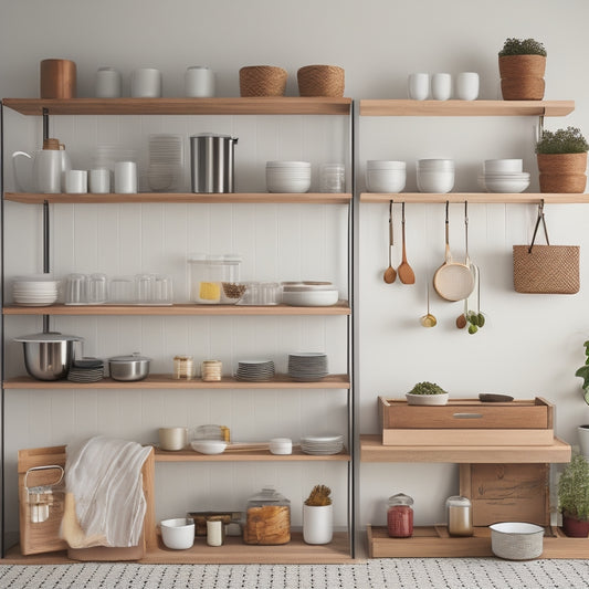 A minimalist kitchen with a small island, featuring a tiered spice rack, a pegboard with hanging utensils, and a compact shelving unit with baskets and stacked cookbooks.