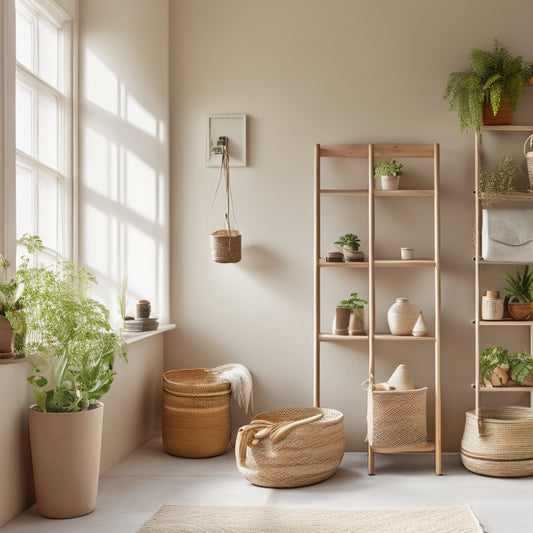 A serene, minimalist room with cream-colored walls, featuring a wooden ladder with woven basket hooks in various sizes, holding potted plants, books, and woven baskets, surrounded by natural light.