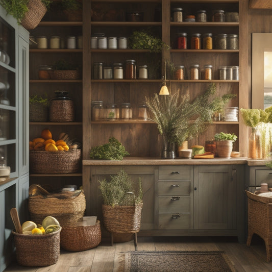 A cozy kitchen scene featuring a stylish freestanding pantry unit with tiered wooden racks, filled with jars, spices, and canned goods, surrounded by fresh herbs and vibrant produce on a rustic countertop.