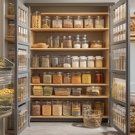 A beautifully organized kitchen cabinet filled with tiered spice racks, clear pull-out bins for snacks, labeled jars of pasta, and neatly stacked containers, all showcasing modern design and functionality in warm, inviting lighting.