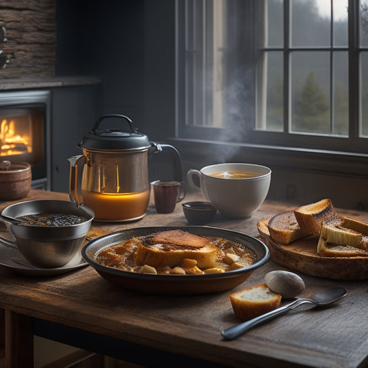 A warm, golden-lit kitchen scene with steaming bowls of comfort food: a hearty beef stew, a plate of crispy grilled cheese sandwiches, and a cup of hot coffee surrounded by rain-soaked windows.