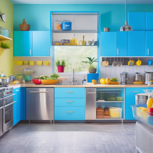 A modern kitchen with a stainless steel island, labeled storage bins, and a prominent "Allergy Alert" board featuring colorful icons for common allergens, surrounded by utensils and ingredients.