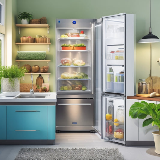 An illustration of a modern kitchen with a smart refrigerator featuring a transparent door, a vertical farm on the counter, and a set of stackable, airtight containers with built-in thermometers.