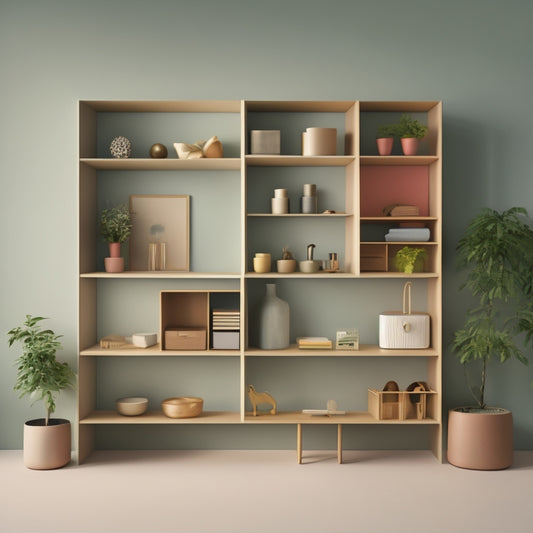 A minimalist illustration featuring a stylized cutaway of a modern home, showcasing a variety of storage solutions in each room, including shelves, baskets, and cabinets in a calming color palette.