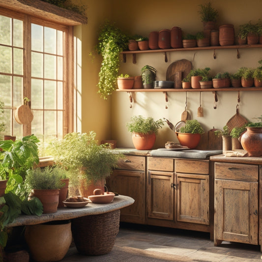 A rustic kitchen scene featuring a wooden hanging pot rack made from reclaimed wood, adorned with vibrant green herbs in terracotta pots, with natural light streaming through a window, highlighting eco-friendly materials.