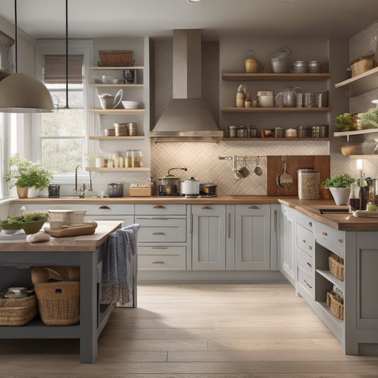 A stylish kitchen featuring a spacious island with built-in shelves, drawers, and baskets, all neatly organized with pots, pans, and cookbooks, surrounded by modern appliances and warm, ambient lighting.